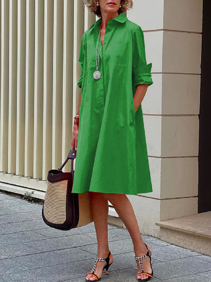 Simple Long Sleeves Solid Color Lapel Midi Dress