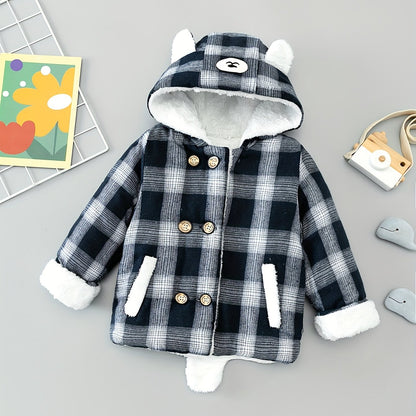 Boy's Cute Thermal Padded Jacket, Casual Warm Button Up Fleece Hooded Jacket For Outdoor Winter