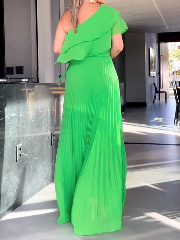 vmtvr - Loose Asymmetric Plain Pleated One-Shoulder Maxi Dresses