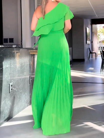 vmtvr - Loose Asymmetric Plain Pleated One-Shoulder Maxi Dresses