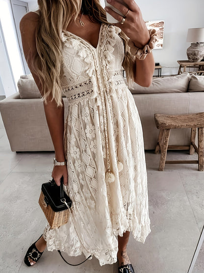 Boho Spaghetti Strap Sexy V-Neck Lace Hem Maxi Swing Sundress Vacation Beachwear Dresses, Women's Clothing