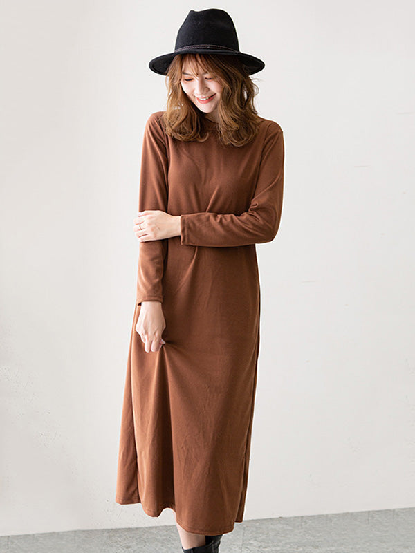 vmtvr - Simple Solid Color Round-Neck A-Line Midi Dress