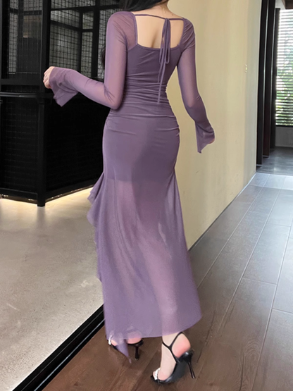 - Fashion Purple Dress Mesh Ruffled Long Sleeves Dress GEU972