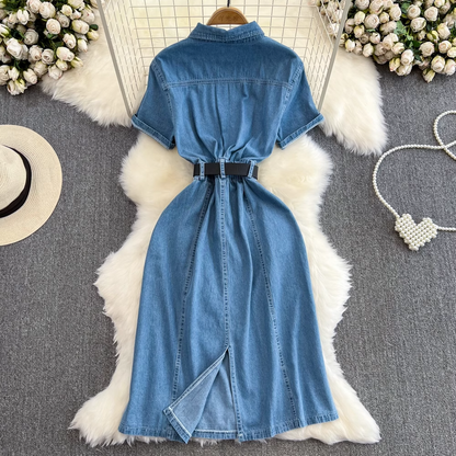 - Short-sleeve lapel mid-length a-line denim dress GEU296