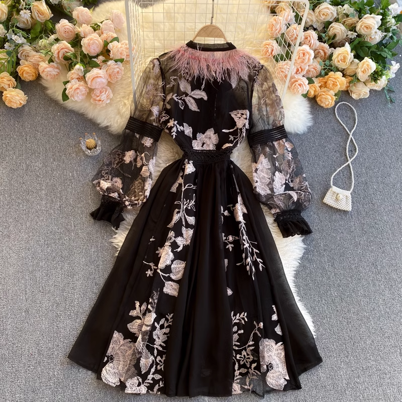 vmtvr- Women's embroidered flower ostrich feather round neck dress GEU555