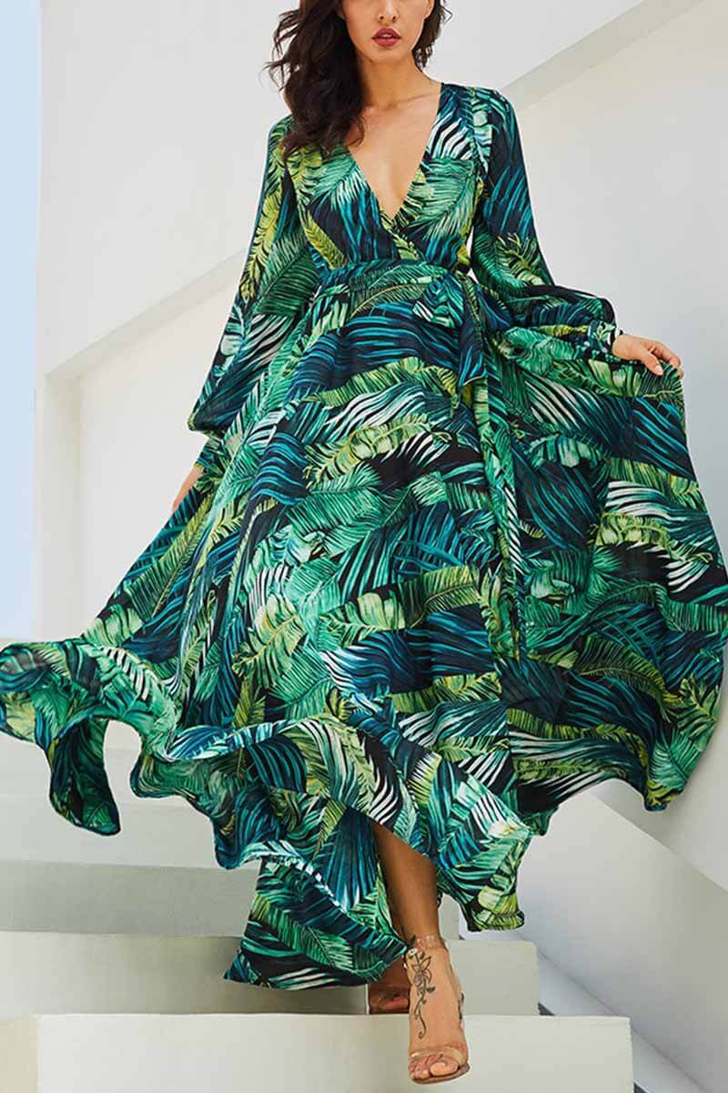 vmtvr -  V-Neck Leaf Print Maxi Dress