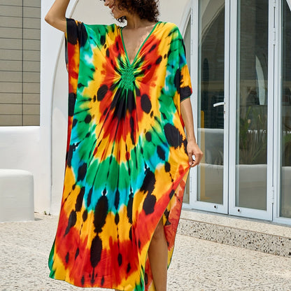 Color Block V Neck Dress, Boho Batwing Sleeve Maxi Dress, Women's Clothing