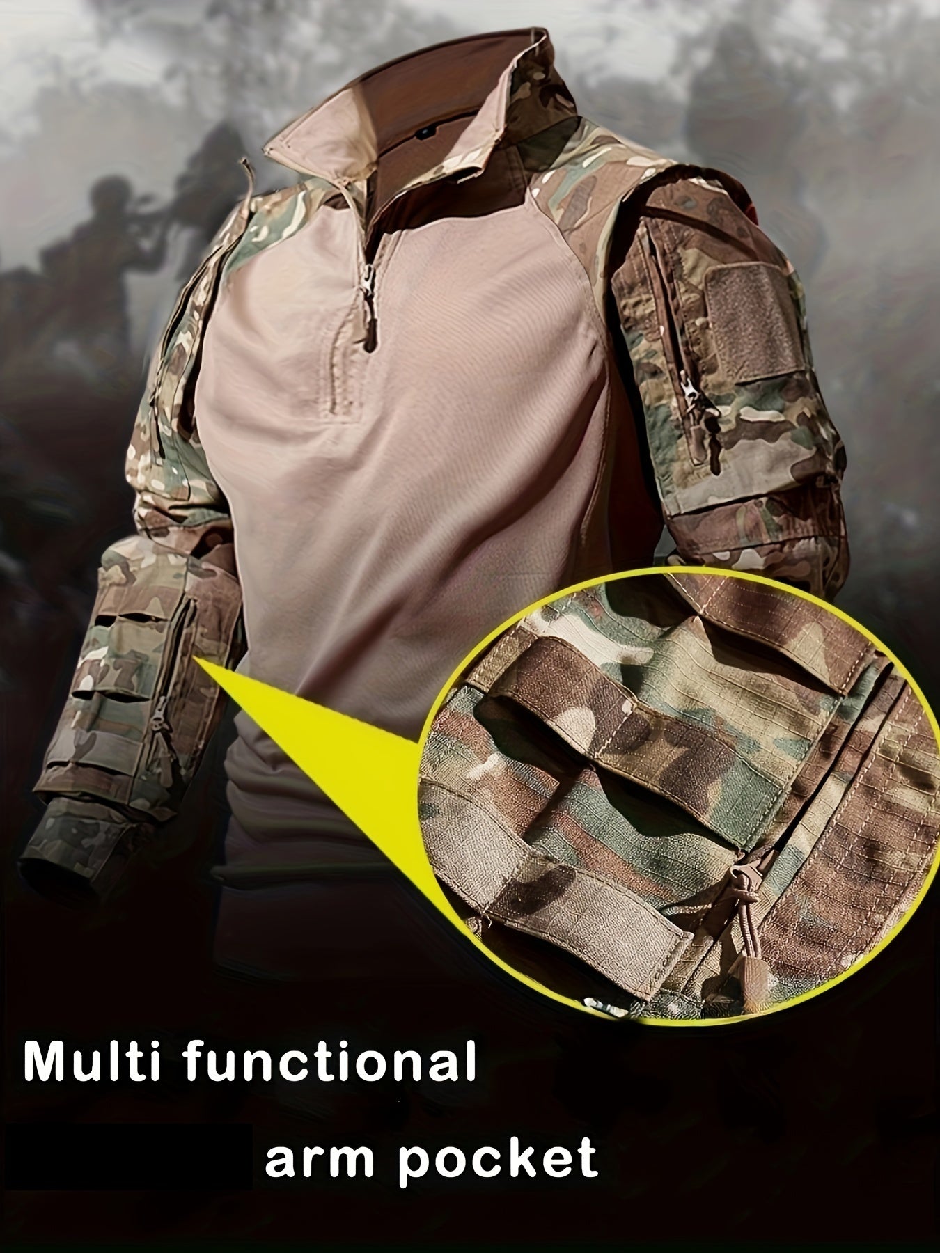 Mens Camo Half-Zipper Frog Suit Pullover Sweatshirt - Breathable, Tear-Resistant, Multi-Pocket, Long Sleeve, Drop Shoulder, Slight Stretch, Cotton Blend, Perfect for Camping, Hiking, Outdoor, Running, Sports, Training in Spring, Summer, Fall