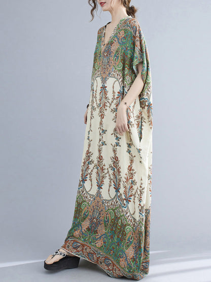 vmtvr - Vintage Floral Printed V-Neck Batwing Sleeves H-Line Maxi Dress