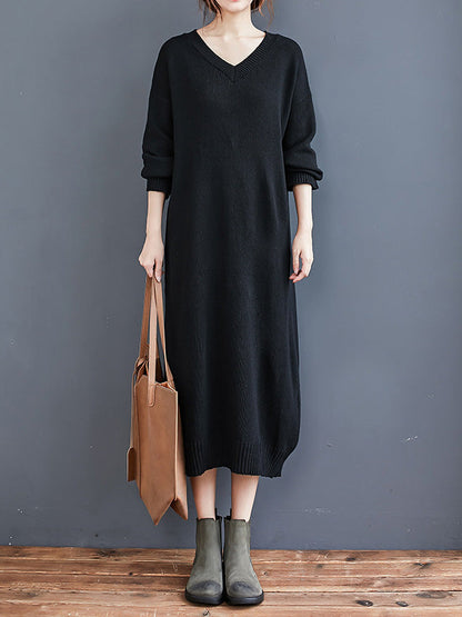 Loose Casual Solid Color V-Neck Long Sleeves Knitted Midi Dress