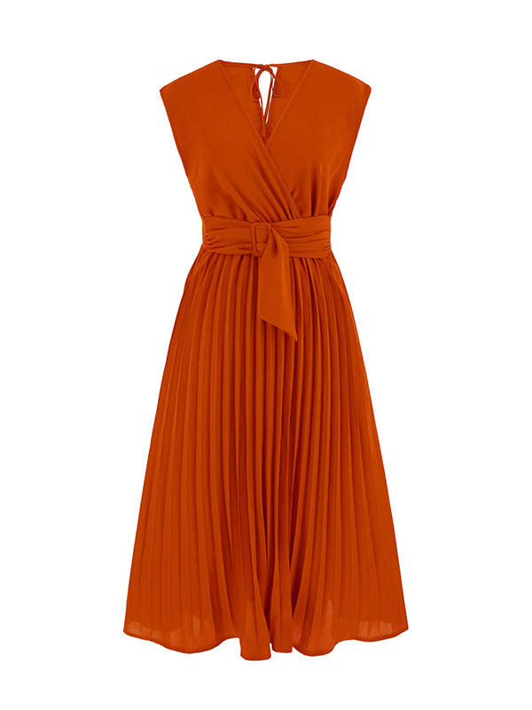 vmtvr - Sleeveless Pleated Solid Color Tied Waist V-Neck Midi Dresses