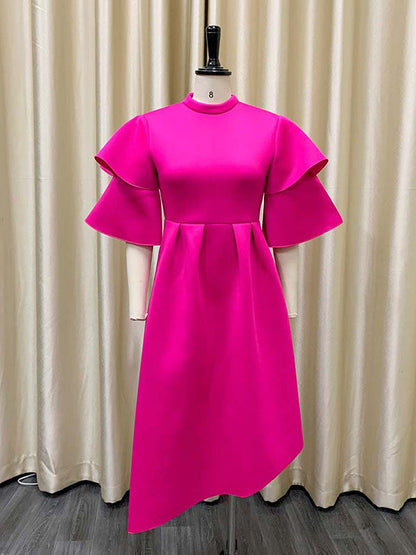 Original Loose Half Sleeves Falbala Solid Color Round-Neck Midi Dresses