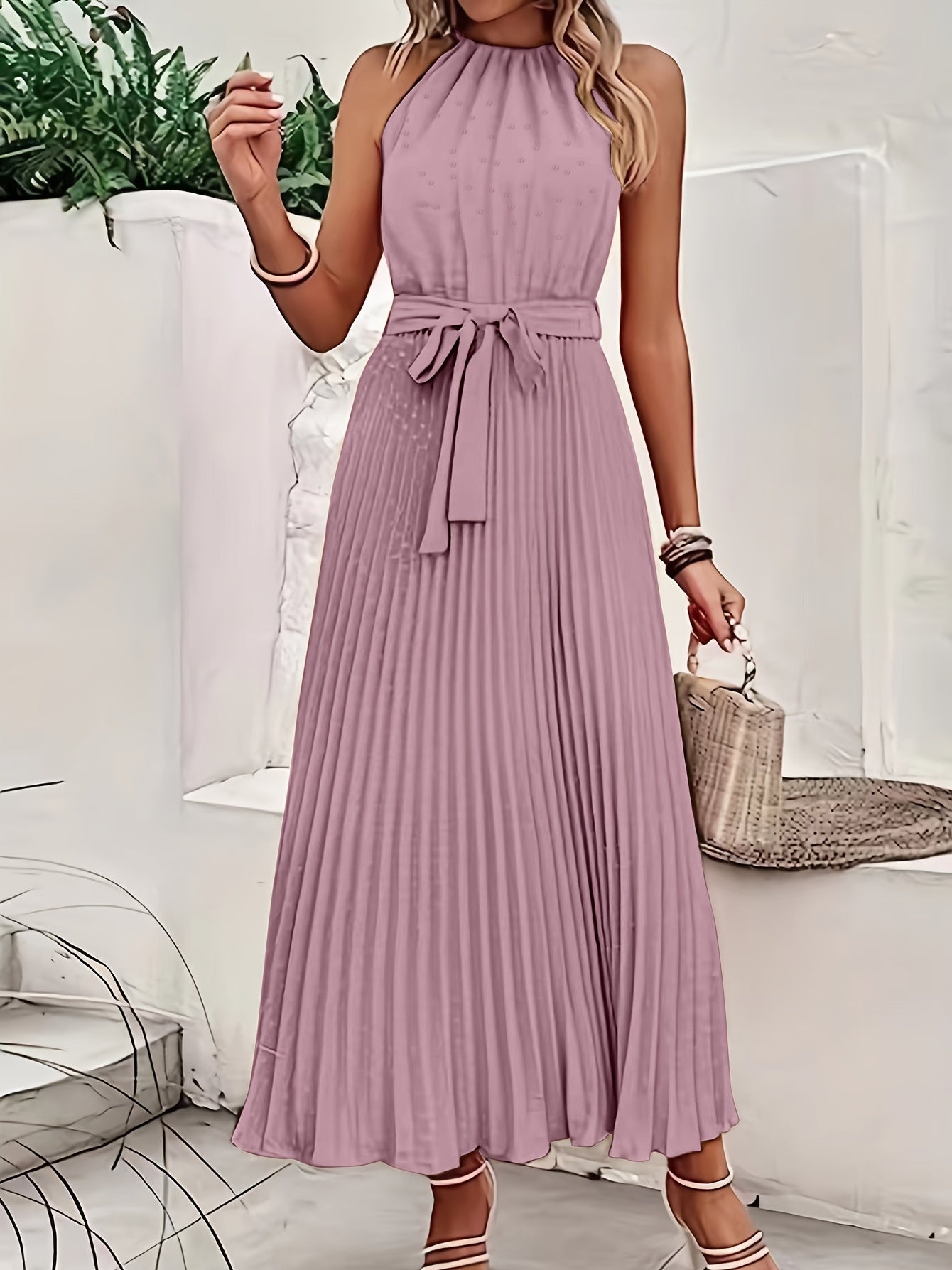 Solid Pleated Dress, Elegant Sleeveless Knotted Maxi Dress, Women's Clothing