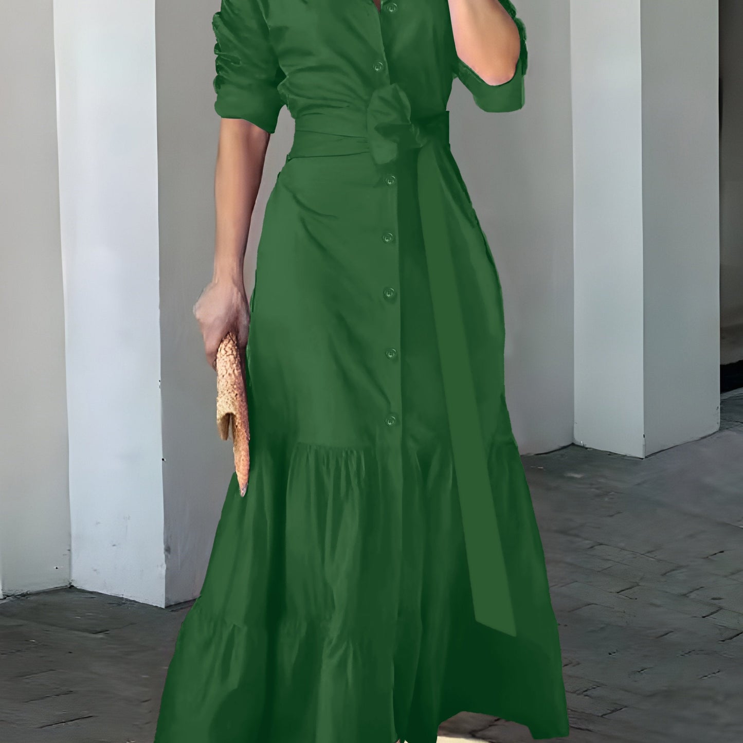 vmtvr - Solid Button Front Belted Dress, Elegant Ruched Sleeve Ruffle Trim Maxi Dress, Women's Clothing