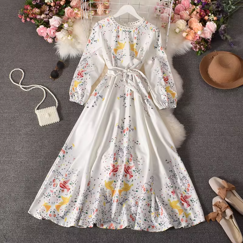 vmtvr- Chiffon floral long skirt puff sleeve dress GEU531