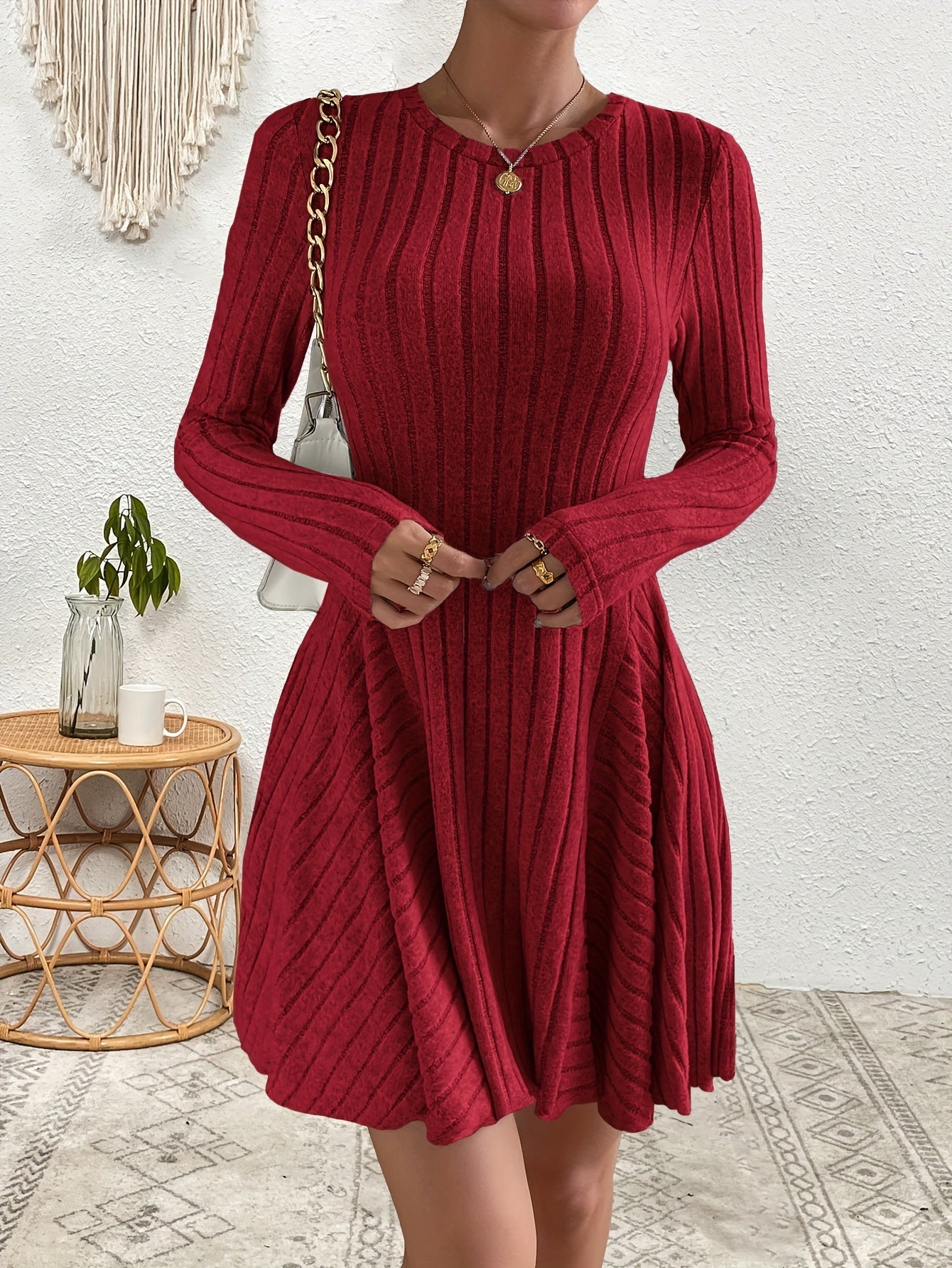 Cozy Ribbed Knit Dress - Soft and Stretchy Long Sleeve Crew Neck A-line Dress for Women, Perfect for Casual Everyday Wear, Womens Clothing