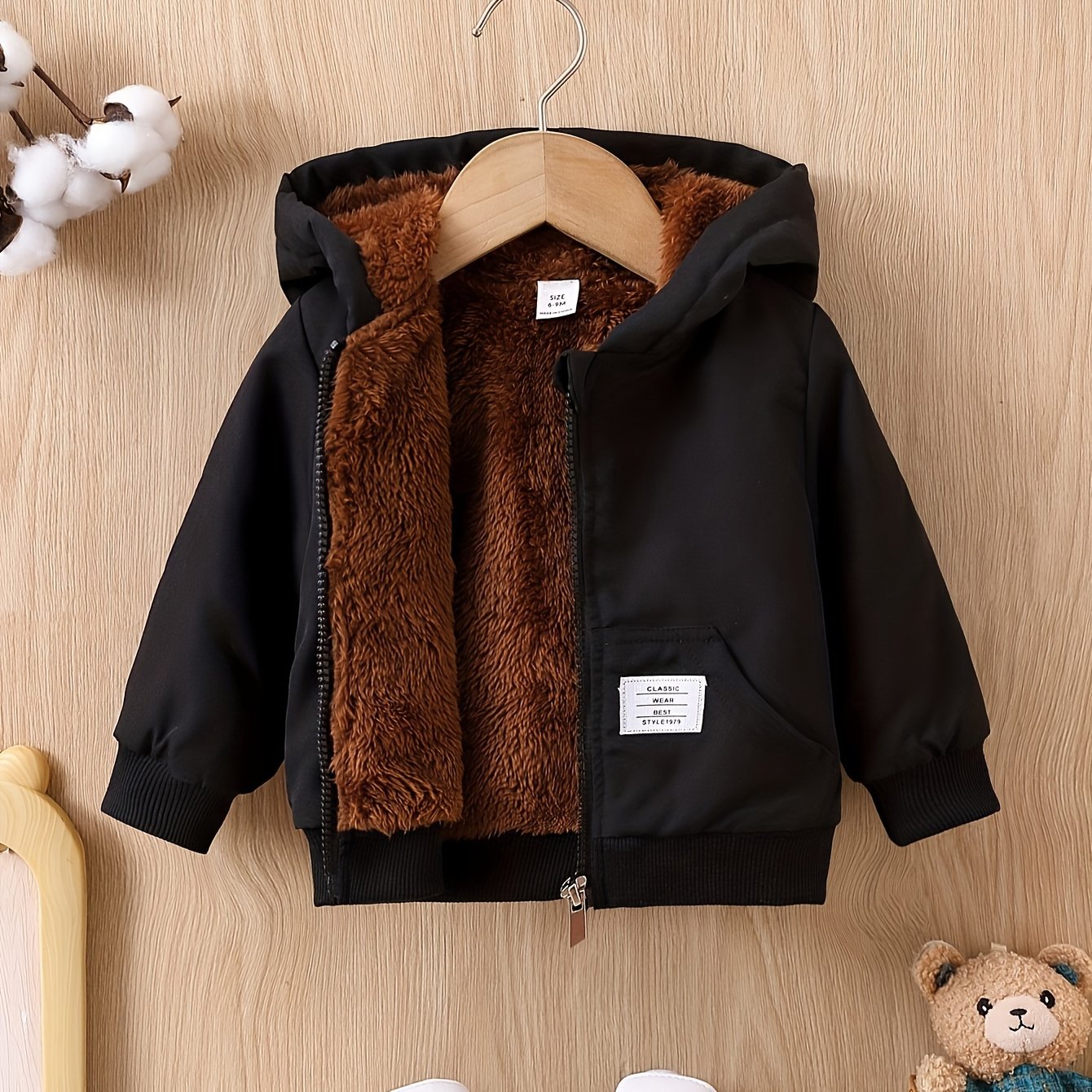 Kid's Label Patched Fleece Lining Jacket, Warm Zip Up Hooded Coat, Boy's Clothes For Fall Winter Outdoor, As Gift