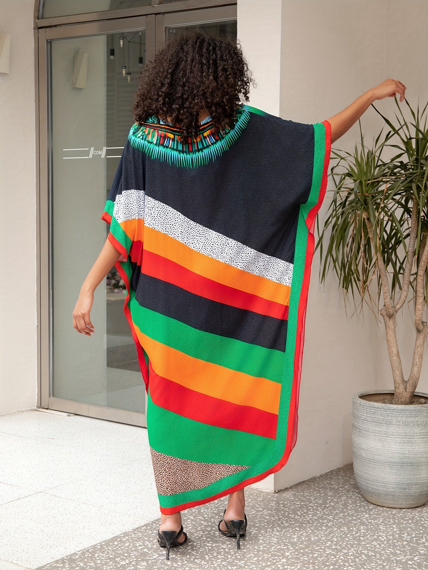 Color Block V Neck Dress, Boho Batwing Sleeve Maxi Dress, Women's Clothing