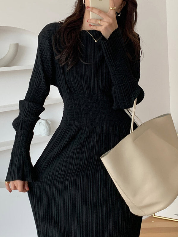 vmtvr - Simple Long Sleeves Black Split-Joint Elasticity Waist Pleated Midi Dress