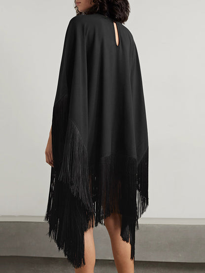 vmtvr - Loose Fringed High Neckline With A Scarf-Like Panel Solid Midi Dresses