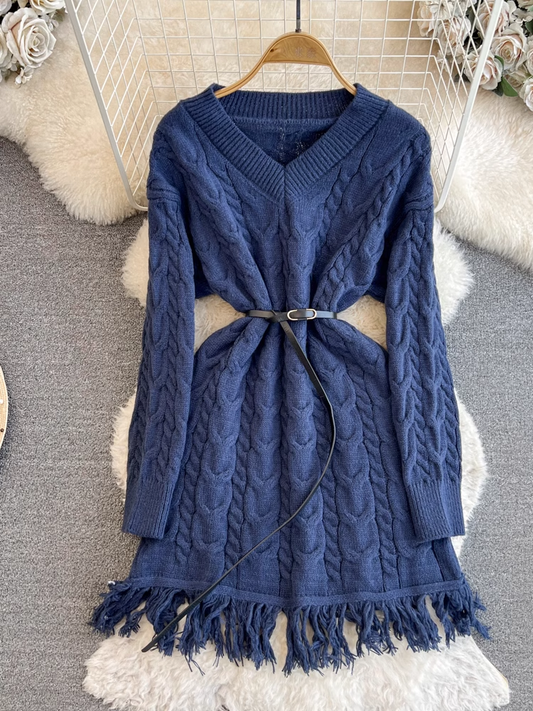 - Long-sleeved V-neck waist slimming mid-length A-line fringed knitted sweater dress GEU854