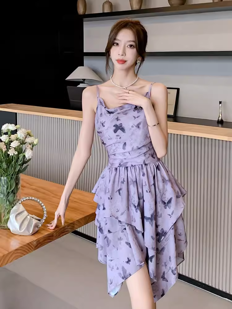 - Purple butterfly print slip dress GEU1351