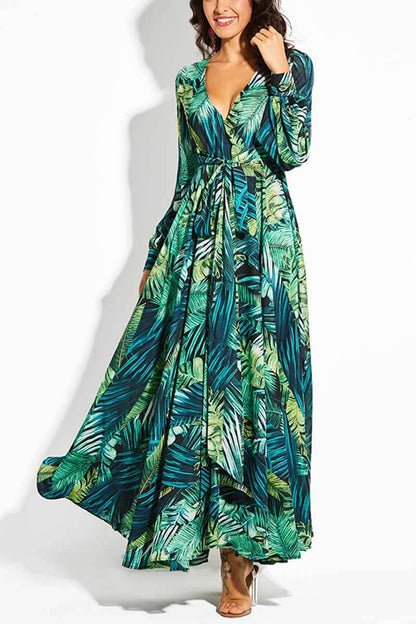 vmtvr -  V-Neck Leaf Print Maxi Dress