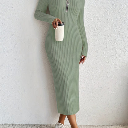 Elegant Spring/Fall V-Neck Pencil Dress - Comfortable Mid-Elastic Knit, Chic Zip-Up, Durable & Easy-Care