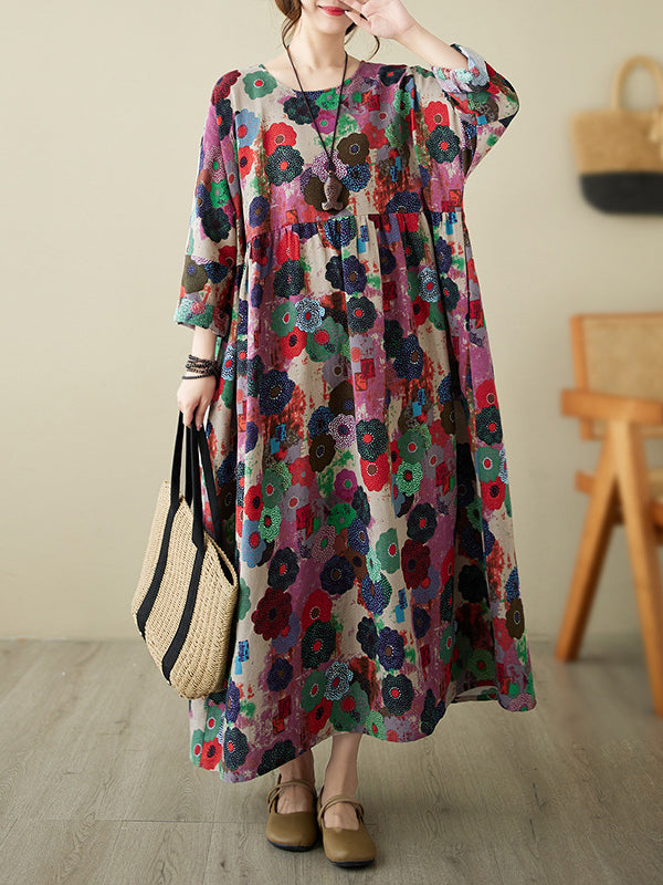 vmtvr - Long Sleeves Loose Flower Print Pockets Split-Joint Round-Neck Midi Dresses