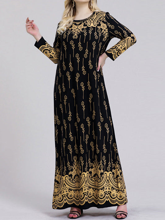 vmtvr - Long Sleeves Plus Size Printed Split-Joint Round-Neck Maxi Dresses