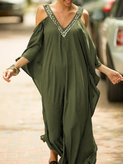 vmtvr - Batwing Sleeves Loose Solid Color Cold Shoulder Maxi Dresses