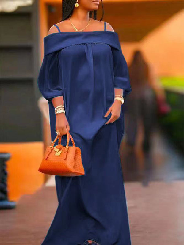 vmtvr - Simple Loose Puff Sleeves Solid Color Off-The-Shoulder Maxi Dresses