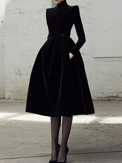 Plain Elegant Stand Collar Long sleeve  Midi Party Dress