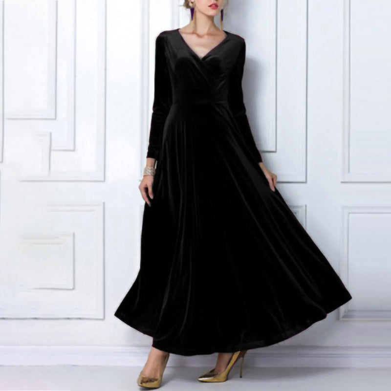 vmtvr - Elegant Solid Long Sleeved V-neck Velvet Maxi Dresses