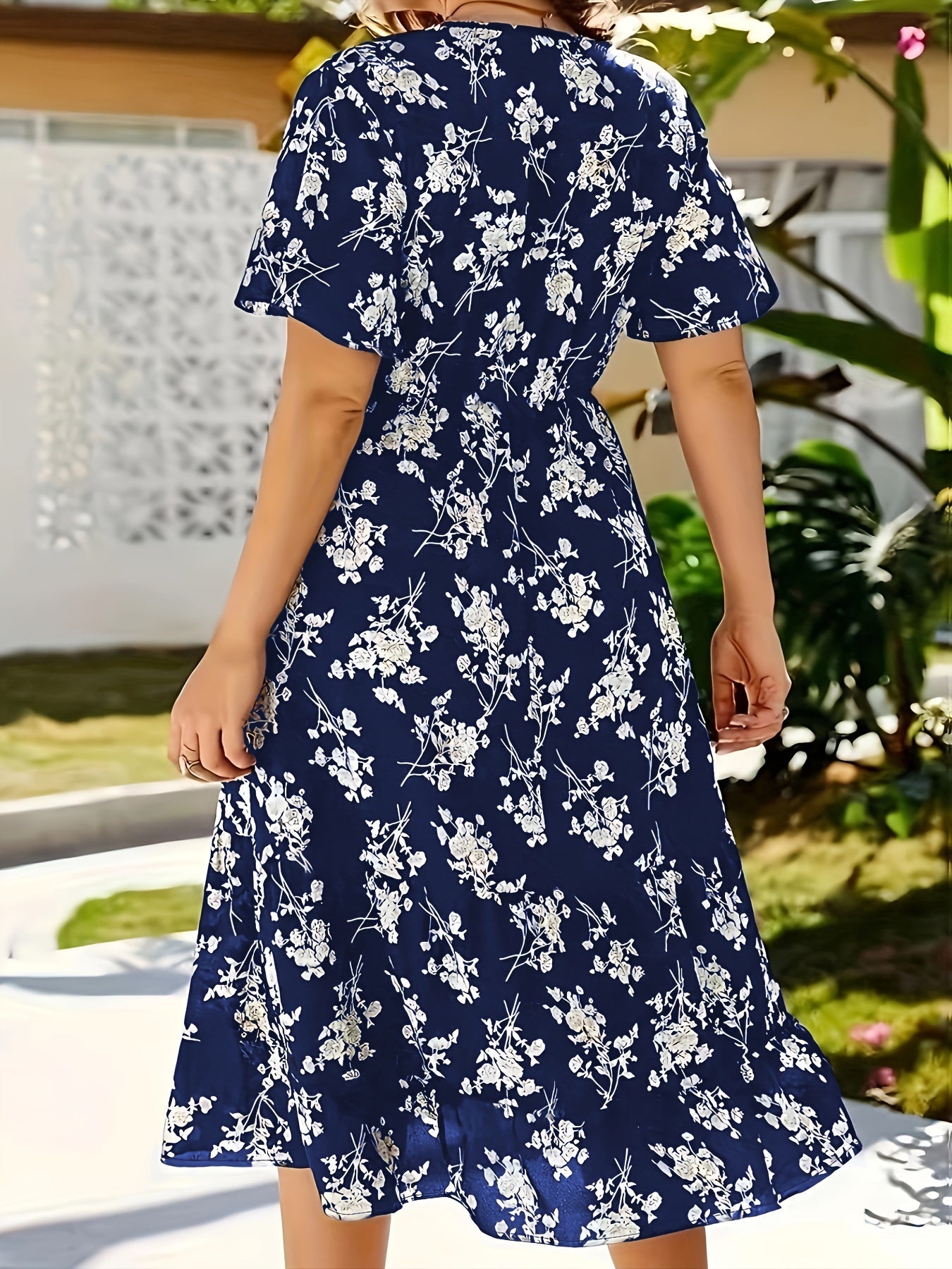 Floral Print High Waist Dress, Boho V Neck Short Sleeve Midi Dress, Women's Clothing