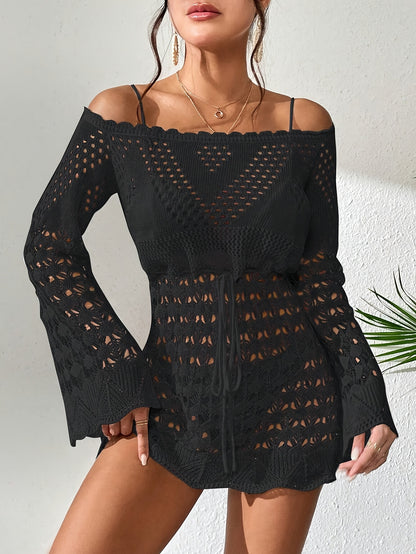 Women's Sexy Off-Shoulder Drawstring Waist Hollow Out Cover Up Dress - Beachwear, Knitted, Long Sleeve (Bikini Set Not Included)