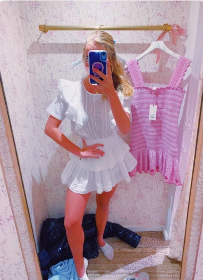 vmtvr Summer Short Sleeve Vocation Women White Mini Dress Holiday Lace Ruffled Dress Pink