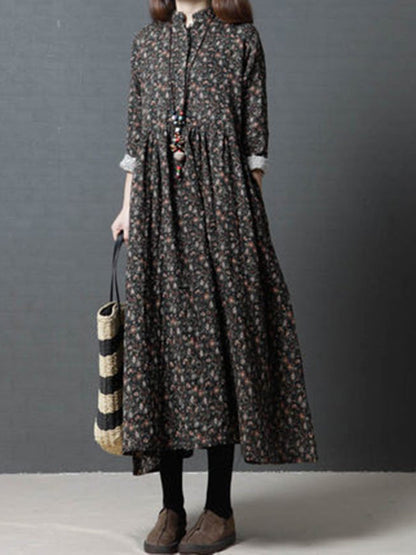 vmtvr - Vintage Floral Stand Collar Midi Dress