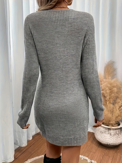 Cable Knitted Zip Up Sweater Dress, Elegant Long Sleeve Slim Fit Dress For Fall & Winter, Women's Clothing