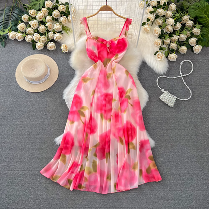 - A-line printed chiffon suspender dress seaside vacation long dress GEU944