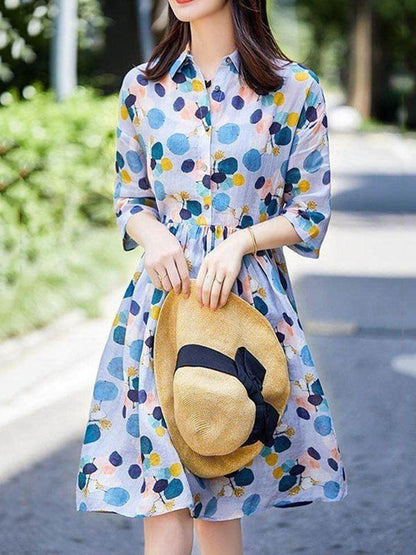 vmtvr - Original Polka-Dot Lapel Short Sleeves A-Line Midi Dress