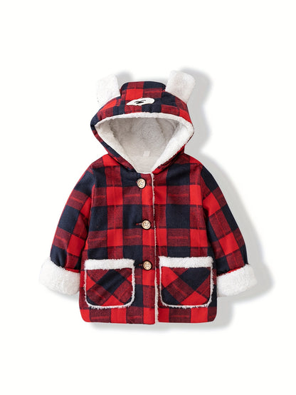 Boy's Cute Thermal Padded Jacket, Casual Warm Button Up Fleece Hooded Jacket For Outdoor Winter