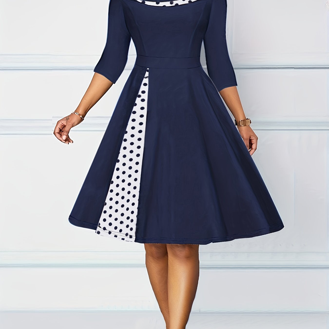 Vintage Retro Polka Dot A-line Dress - Flattering 3/4 Sleeves, Comfortable Casual Style - Feminine & Timeless Fashion for Women