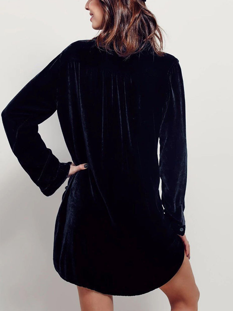 vmtvr - Fashion Deep V Neck Loose Velvet Shirt Mini Dress