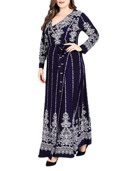 vmtvr - Long Sleeves Floral Printed Split-Joint V-Neck Maxi Dresses Plus Dresses