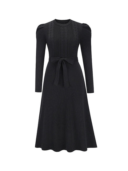 vmtvr - High Waisted Long Sleeves Solid Color Tied Waist Round-Neck Midi Dresses Sweater Dresses