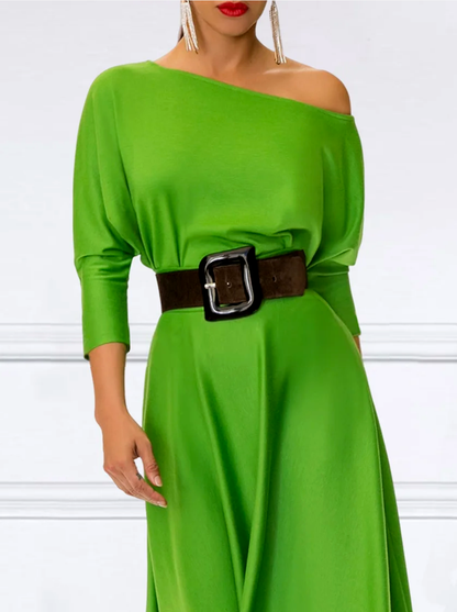 vmtvr - Loose Three-Quarter Sleeves Solid Color Off-The-Shoulder Maxi Dresses