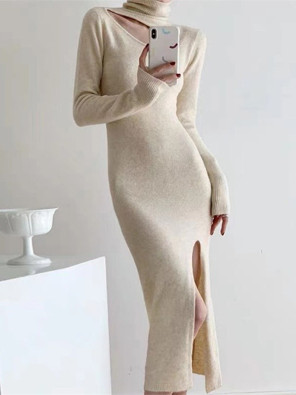 vmtvr - High Waisted Long Sleeves Hollow Solid Color Split-Side Mock Neck Midi Dresses Sweater Dresses