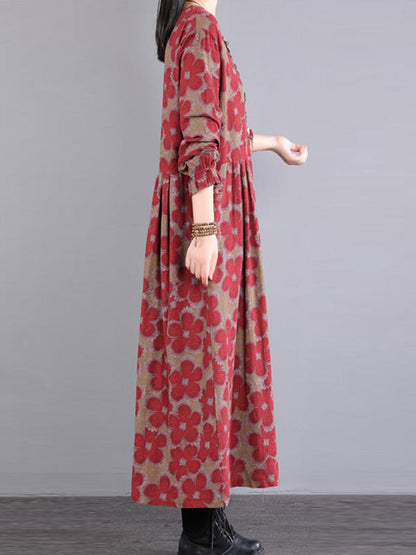 vmtvr - Casual Long Sleeves Loose Floral Printed Round-Neck Midi Dresses