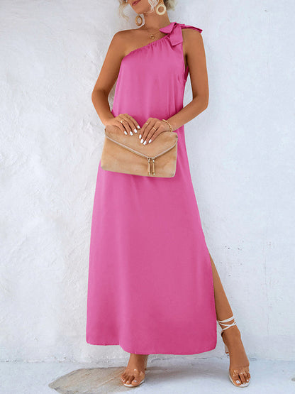 vmtvr - Loose Sleeveless Solid Color One-Shoulder Maxi Dresses